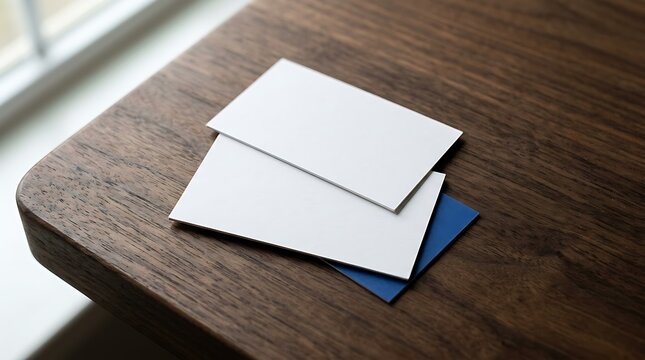 Blank business cards mockup on a dark wooden table surface