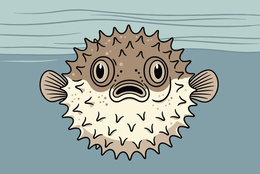 Cute cartoon puffer fish floating in light blue ocean water with a surprised expression on its round spiky body.