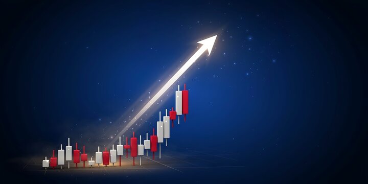 Stunning financial candlestick chart with a glowing upward arrow against a dark blue background, perfect for stock market success and investment growth concepts.
