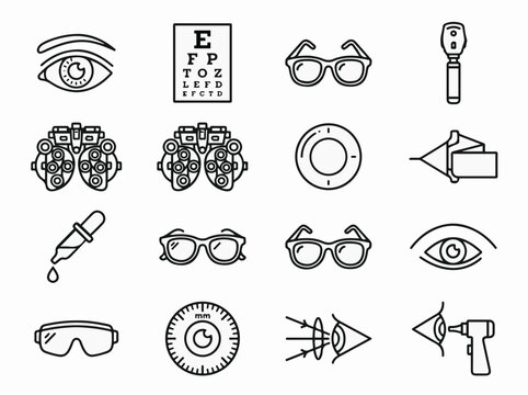 Ophthalmology and optometry icon set line art vector collection including phoropter and eyeglasses for medical vision care design