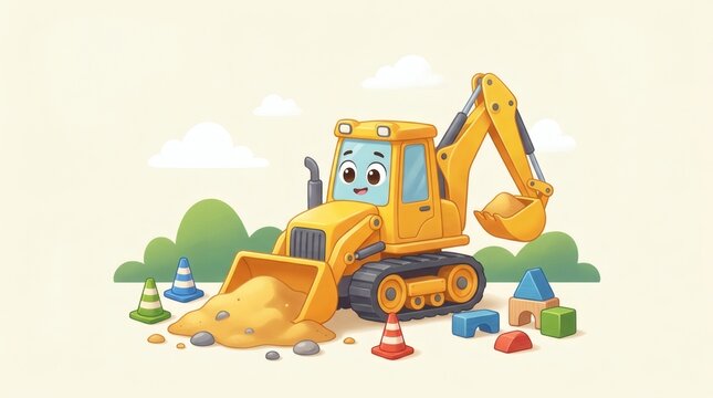 Cute cartoon excavator with smiling face at construction site