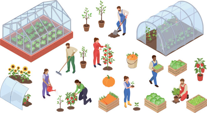Isometric Greenhouse Gardening Vector Icon Set with People Growing Vegetables Farming Plants and Harvesting Crops for Agriculture and Backyard Hobby Designs