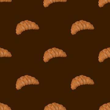 Cute croissant seamless pattern on dark brown background