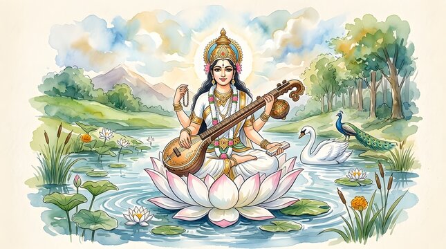 Goddess saraswati playing veena while sitting on lotus flower in watercolor painting