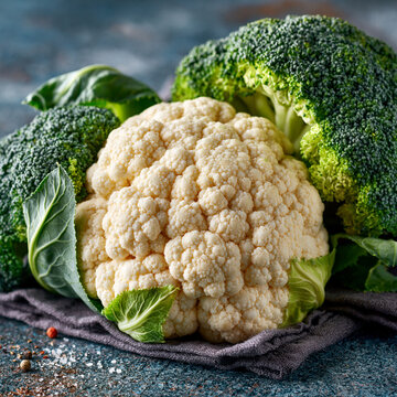 Fresh organic cauliflower head surrounded by broccoli and greens on dark surface