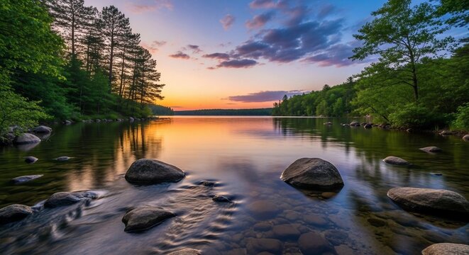 Tranquil lake sunset landscape