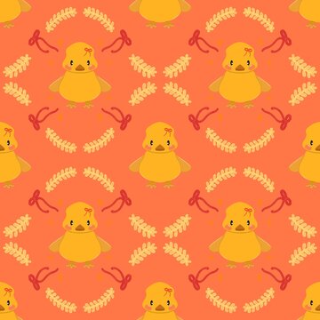Cute yellow chick face seamless pattern with ribbons on orange background