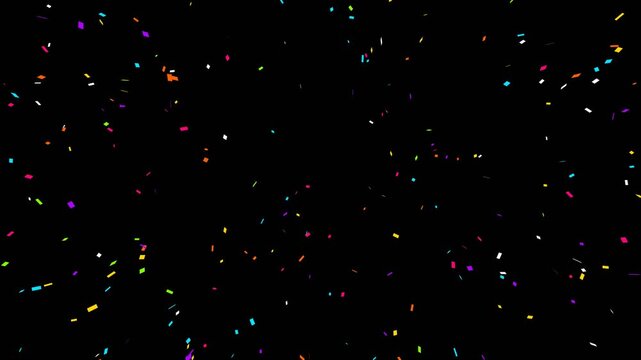 Vibrant colorful confetti falling against a black background in slow motion, creating a festive overlay graphic for birthday celebrations, carnival events, party scenes, and New Year holidays