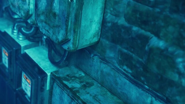 Electric meters are placed against a wet wall underwater. The meters show signs of age and wear. The water is clear, and the light creates a blue tone in the scene.