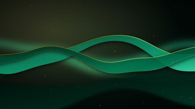Elegant emerald green and luxury gold fluid waves flowing smoothly on a dark glowing background with floating glitter particles, abstract motion graphics video loop for premium branding.