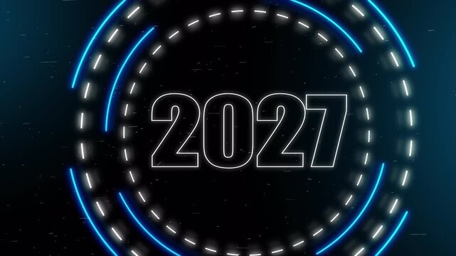 Glowing 2027 numbers surrounded by rotating blue and white futuristic rings with particle effects and alpha channel