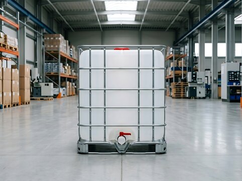 Large plastic water tank in a metal cage inside a modern industrial warehouse distribution center. ibc container
