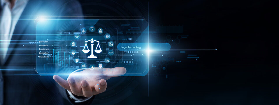 Compliance lawyer uses a handheld pad to scan a virtual screen deploying modern Legal Technology platforms. Court case documentation and complex statutory regulations are instantly checked.