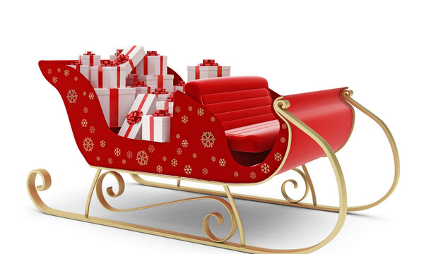 Red christmas sleigh loaded with gift boxes isolated on white background