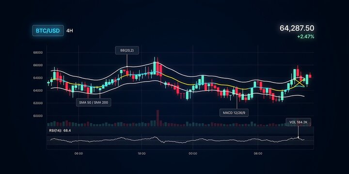 Professional digital cryptocurrency trading chart showing Bitcoin BTC USD price action candles technical indicators Bollinger Bands MACD RSI volume for financial analysis.