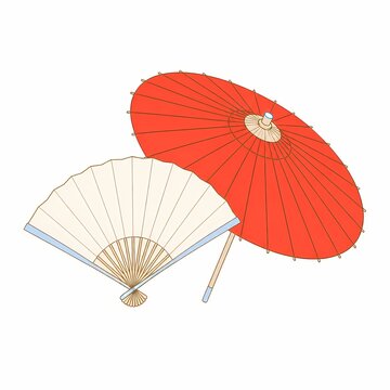 Simple line art illustration of a Japanese folding fan and a red wagasa paper umbrella on a white background