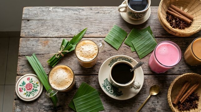 Traditional Malaysian drinks on a rustic wooden table