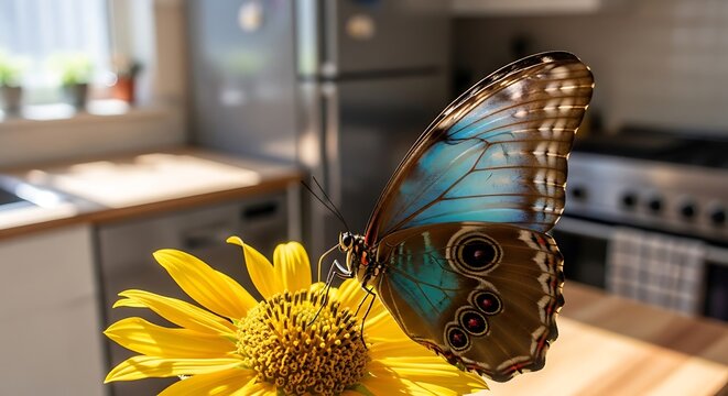 Blue morpho butterfly resting on a bright yellow sunflower in a kitchen