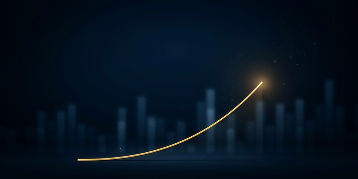 Stunning golden growth curve shooting upward against dark blue background, luminous financial success concept design for corporate presentations and wealth posters.