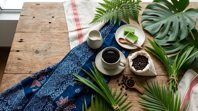 Malaysian coffee and traditional kuih lapis table setting