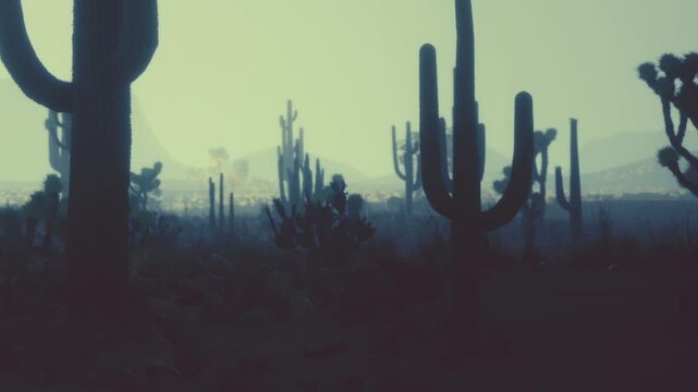 In a desert area, tall cacti are silhouetted against the bright morning sky. Mountains are visible in the distance as the sun rises. The scene shows typical desert vegetation.