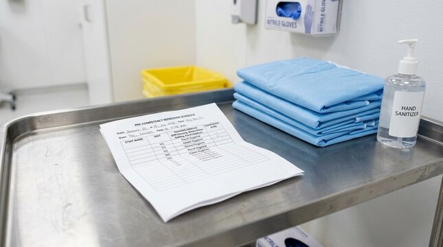 Isolation anteroom with PPE competency refresher schedule &ndash; for hospital infection control, PPE compliance, and patient safety training