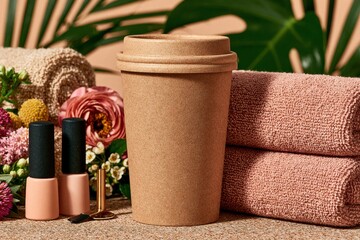 Fototapeta premium Eco friendly beauty spa setup with reusable cup towels and nail polish for wellness pampering