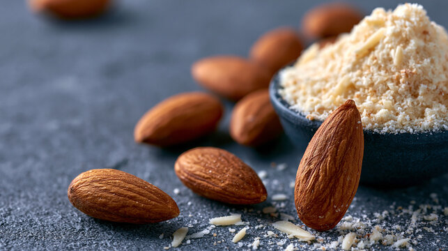 Almond flour heap in bowl with whole almonds scattered nearby ground almonds almond meal