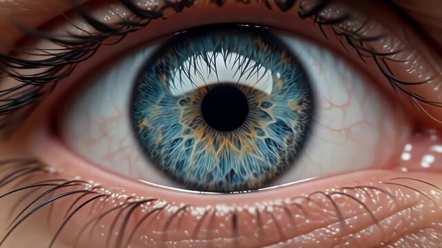 Medical - Extreme close up of a caucausoid human eye blinking and opening revealing a detailed blue iris and long eyelashes