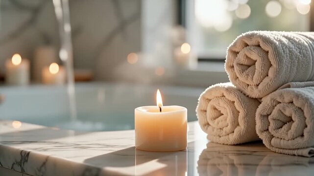 Lifestyle - Relaxing spa scene with rolled white towels and a lit candle on a marble counter near a bathtub