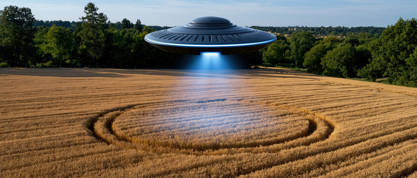 UFO hovering over wheat field emitting blue beam above crop circle in rural landscape