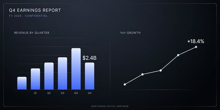 Professional dark mode financial dashboard graphic showing Q4 earnings report, quarterly revenue bar charts, and YoY growth percentage for business presentations.