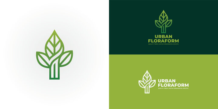 An abstract geometric tree motif featuring three stylised leaves with structured lines in a fresh green gradient on a clean white background. The design represents growth and green infrastructure.