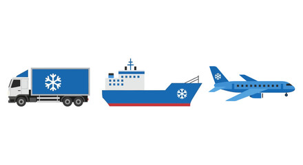 Fototapeta premium Cold Chain Logistics Set: Refrigerated Truck, Cargo Ship, and Airplane Icons