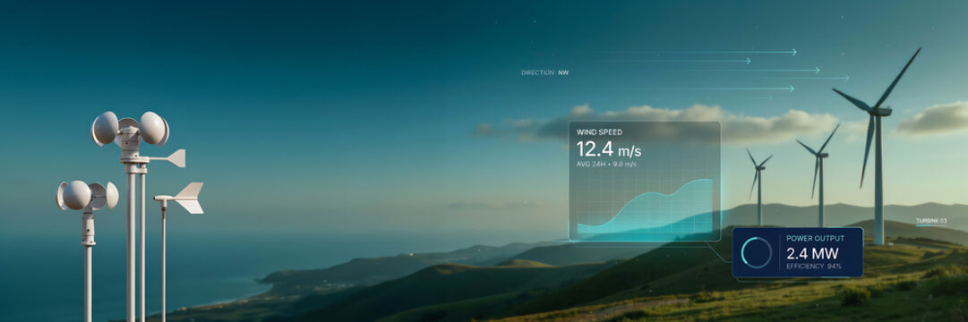 Wind turbines and anemometer measuring strong wind speed on a scenic hillside landscape