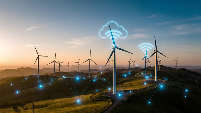 Modern wind turbines in a vast open field at sunset with glowing lights