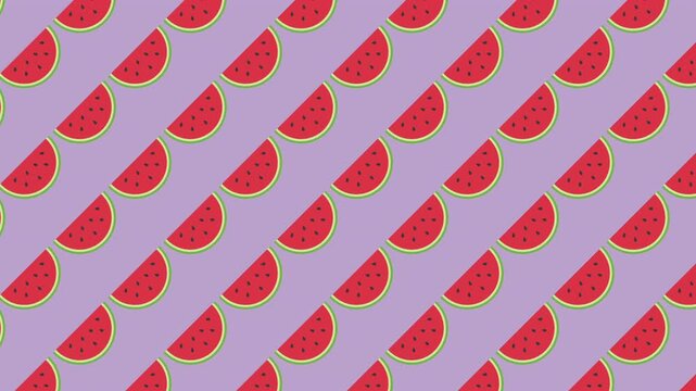 Repeating slices watermelon pattern arranged diagonally against pastel purple background flat vector illustration design asset
