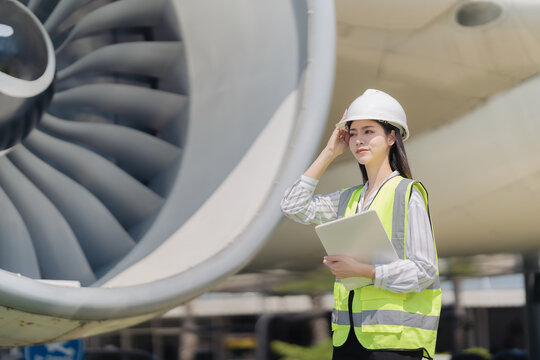 Asian female aeronautical engineer holding laptop and clipboard standing in front of airplane jet engine