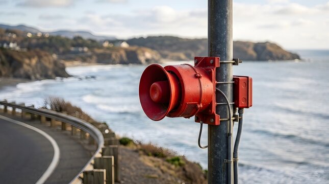 Red emergency siren mounted on a pole overlooking a coastal road and the ocean