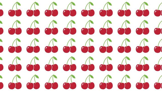 Repeating cherry pattern design featuring vibrant red fruit silhouettes arranged in systematic rows against plain white background