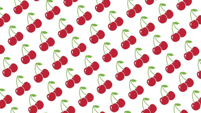 Repeating pattern illustration featuring vibrant red cherries with green stems arranged on clean white background surface