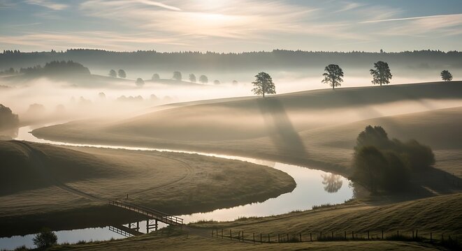 Misty river landscape at sunrise with trees and winding water through, landscape