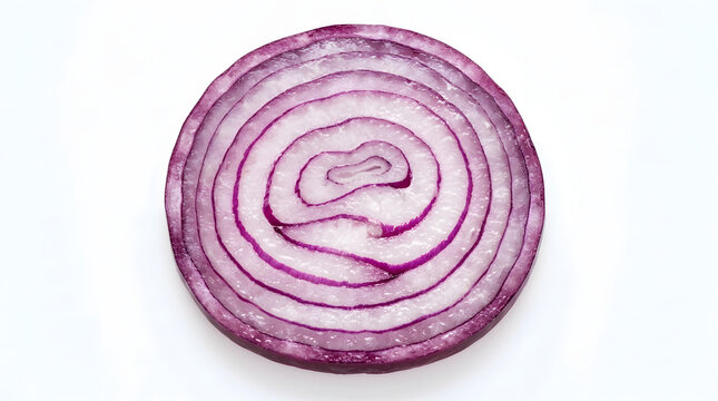 Fresh red onion slice isolated on white background, top-down macro view