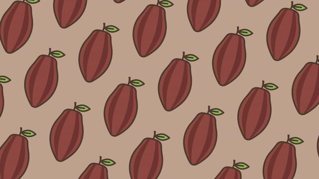 Repeating cocoa pod illustration featuring dark brown organic fruit pattern flat vector design style beige backdrop