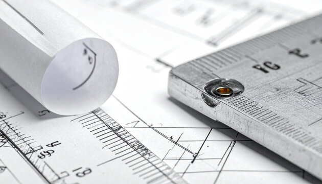 Architectural Blueprints and Tools: A close-up of rolled blueprints alongside a metal ruler and drawing tools, showcasing the intricate details of architectural planning and design.