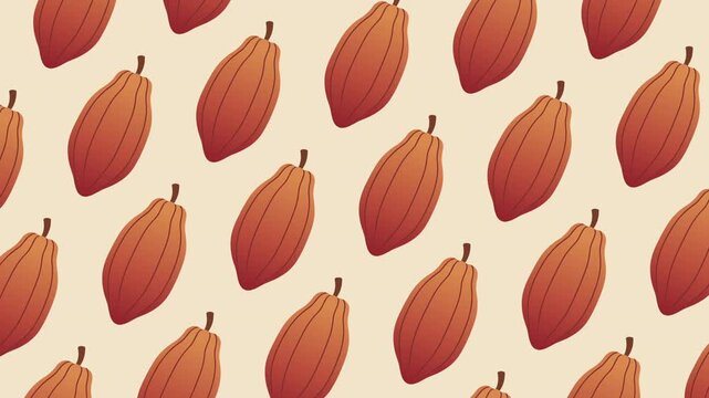 Repeating pattern illustration featuring tropical cocoa pods arranged flat on neutral background for organic culinary design commercial usage
