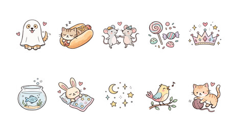 Obraz premium Collection of whimsical animal character stickers and symbols isolated on a white background for creative children stationery designs.