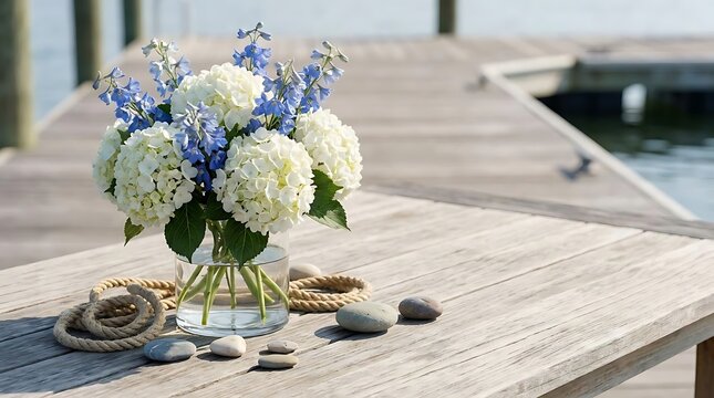A serene marina fest arrangements centerpiece featuring fresh blue delphiniums and white hydrangea flowers in a glass vase on a rustic weathered wood deck