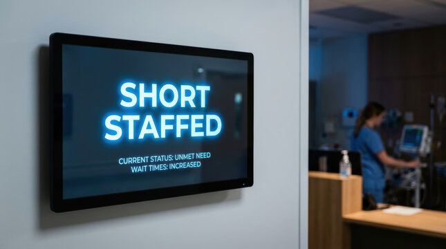 Short staffed sign highlights labor shortage impact on current status and increased wait time in healthcare workplace setting