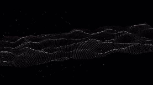 Flowing monochrome particle mesh forming smooth digital waves with floating points and alpha channel